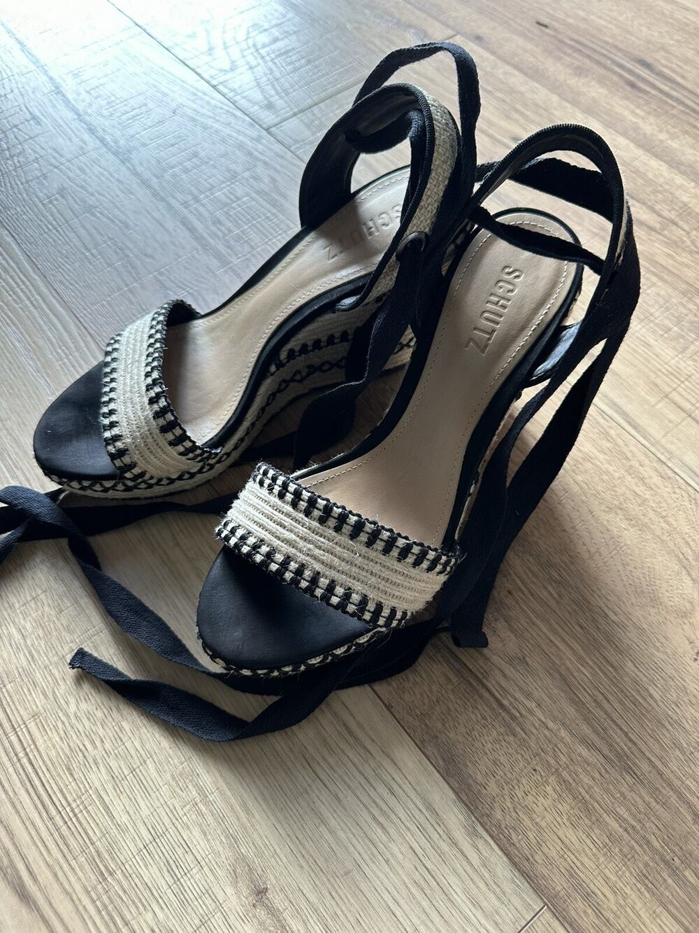 Schutz Womens Platform Ankle Strap Raffia Espadrilles Sandals Black White 8.5